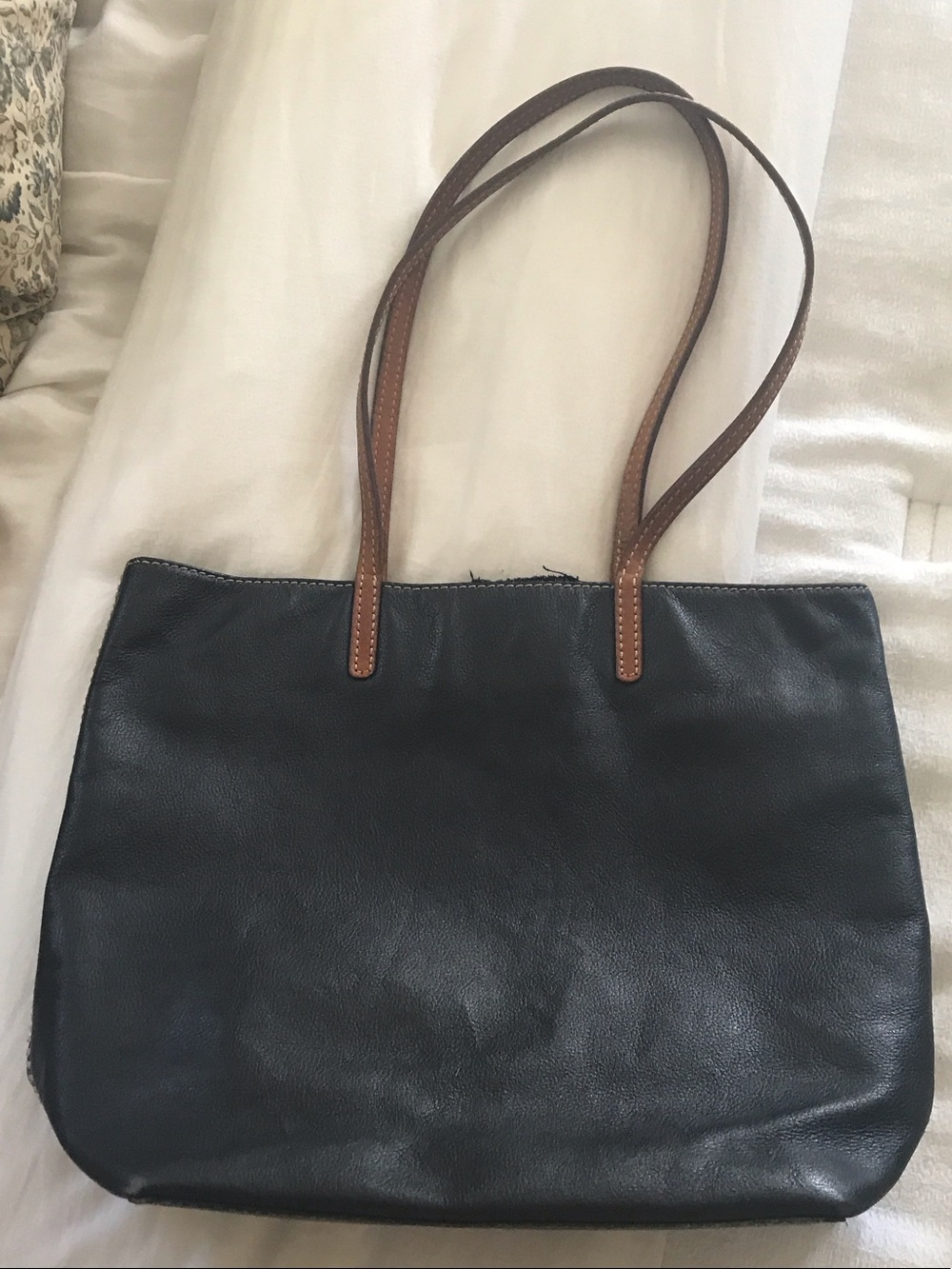 Women's Black Leather Tote Bag with Brown Straps
